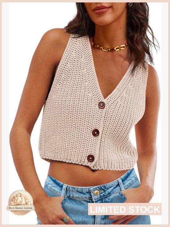 Sweaters - Crop Knit Vest V Neck Button Down Y2K Sleeveless Chunky Sweater Tank Top